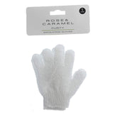 White exfoliating gloves on a white cardboard hanger on a white background.