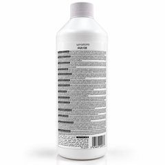 A white plastic bottle with a ribbed white cap, showing the back label with black text, numbers, and a barcode on a clean white background.
