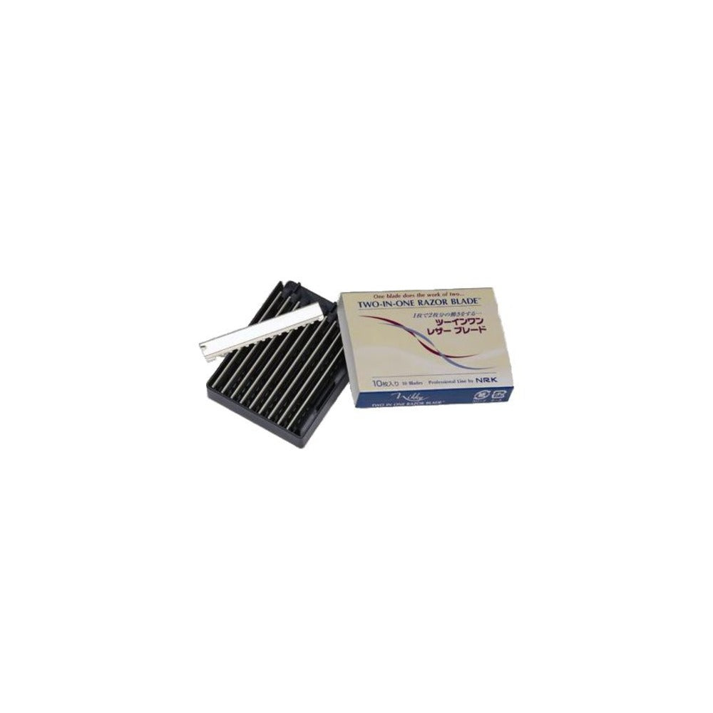 A black plastic organizer tray filled with individual replacement razor blades next to their original cardboard packaging box featuring English and Japanese text.