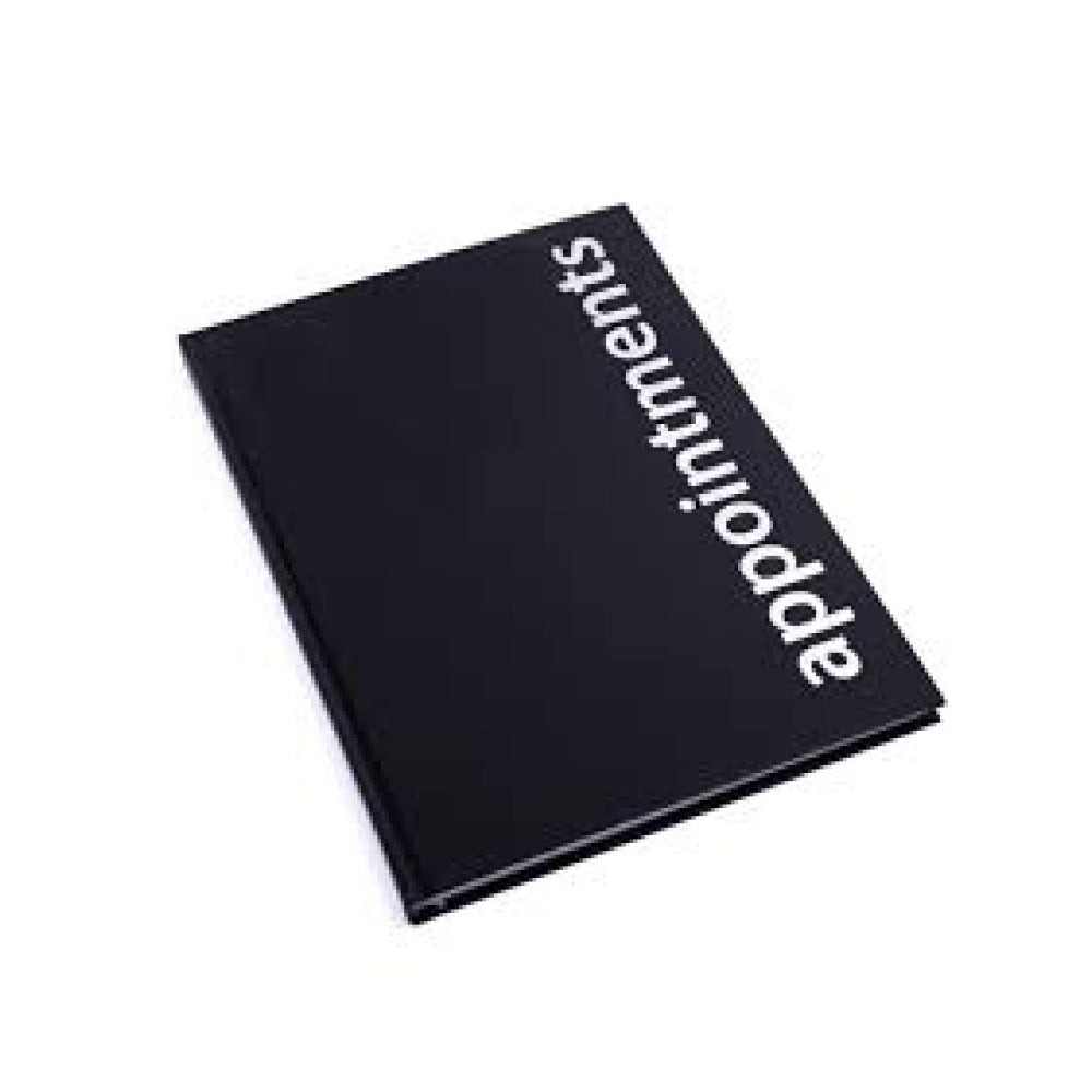 Black appointment book on a white background.