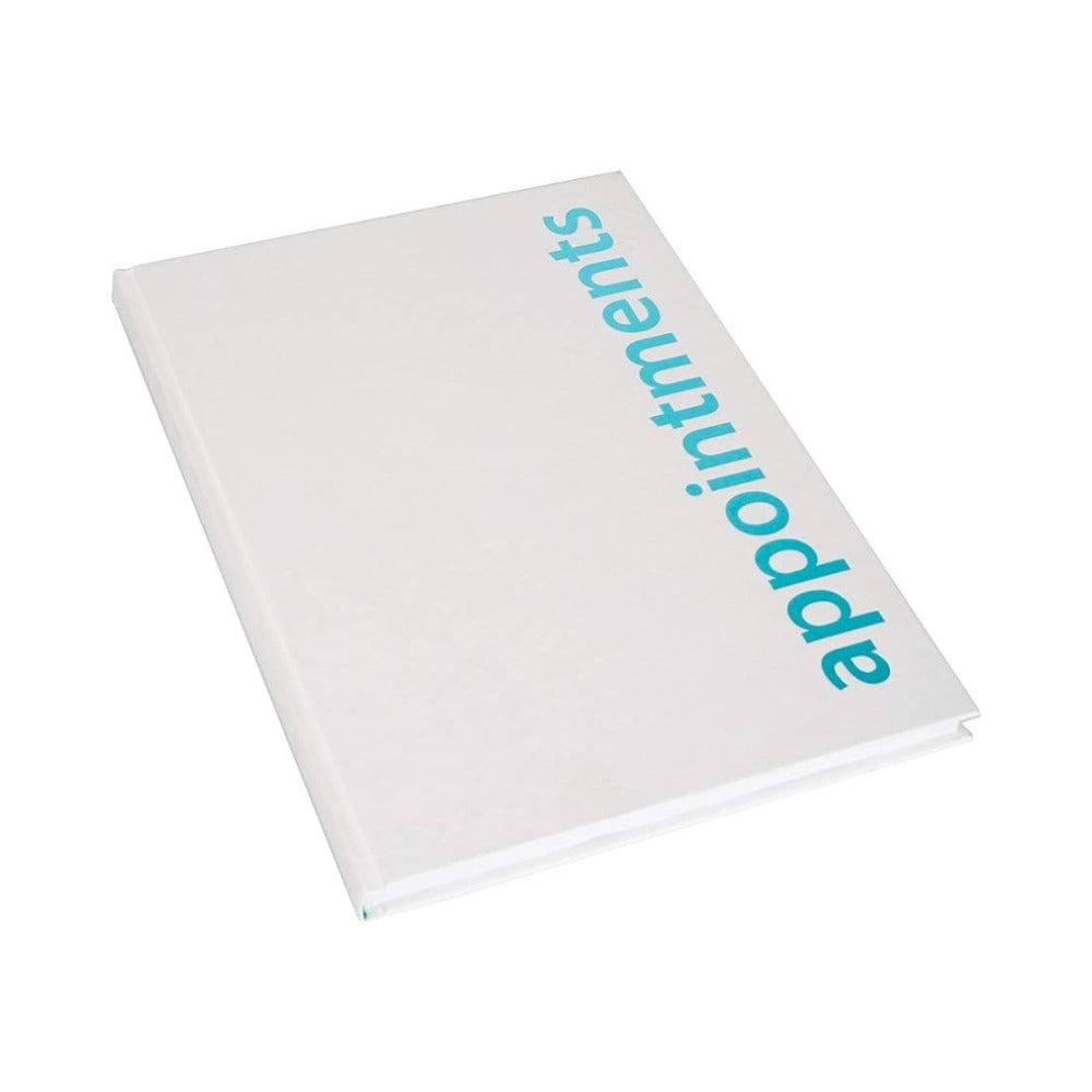 White appointment book with the blue writing saying appointment on it on a white background.