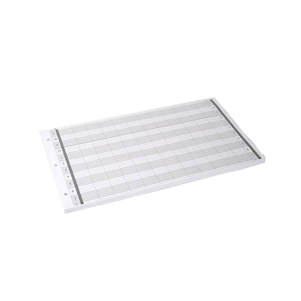A pack of white loose leaf refills with perforated lines and marked time slots for scheduling.