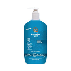 Australian Gold Moisture Lock Tan Extender bottle with pump, blue color, with text detailing product use and features.
