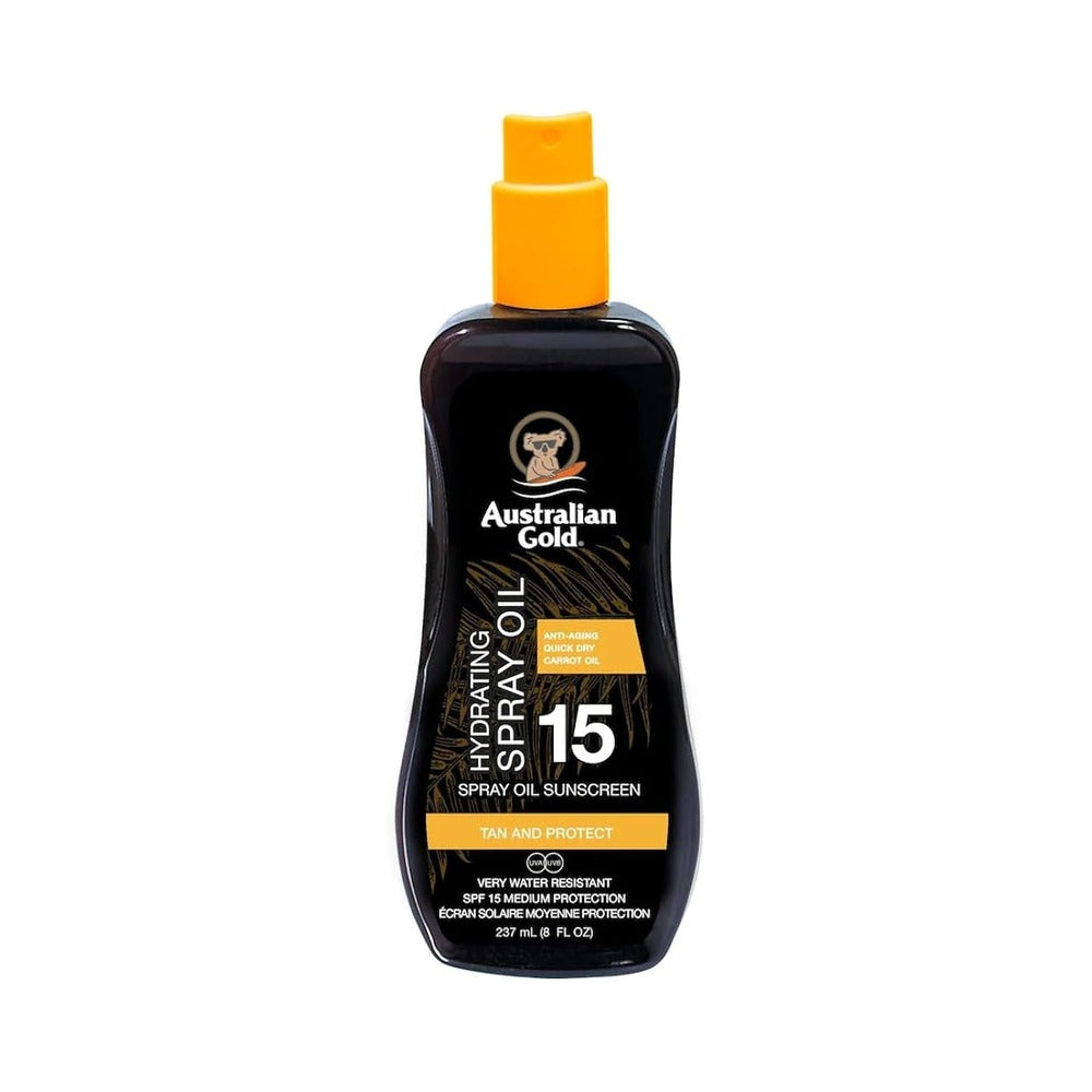 Australian Gold SPF 15 Spray Oil Sunscreen in a black bottle with a yellow cap.