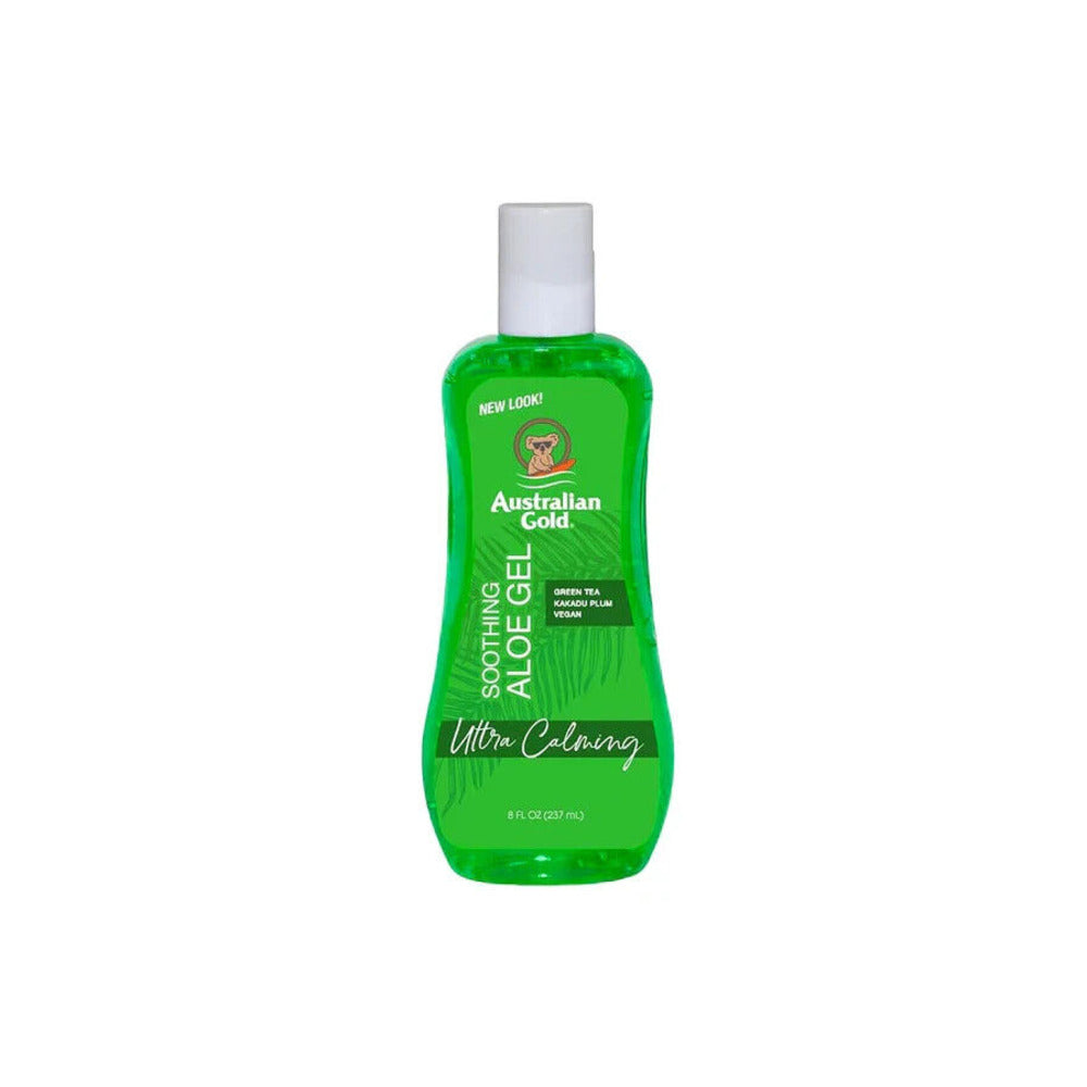 Australian Gold Soothing Aloe After Sun Gel in a green bottle with a white cap.