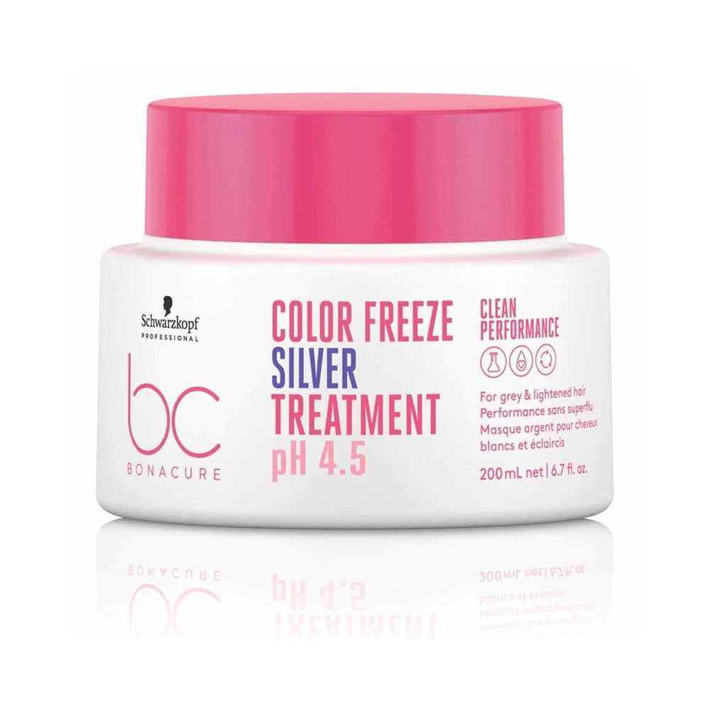 A container of BC Color Freeze Silver Treatment with a pink and white label, indicating it is a hair product with a pH of 4.5 and 200ml volume.