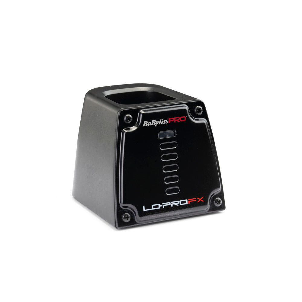 A black charging base for Lo Pro clippers with grey and red writing on it.