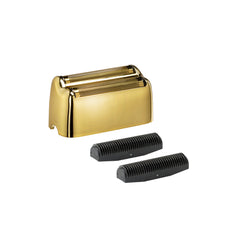 A set of BaByliss PRO cordless dual foil replacement foils and cutters, featuring two gold-colored foils and two black cutters.