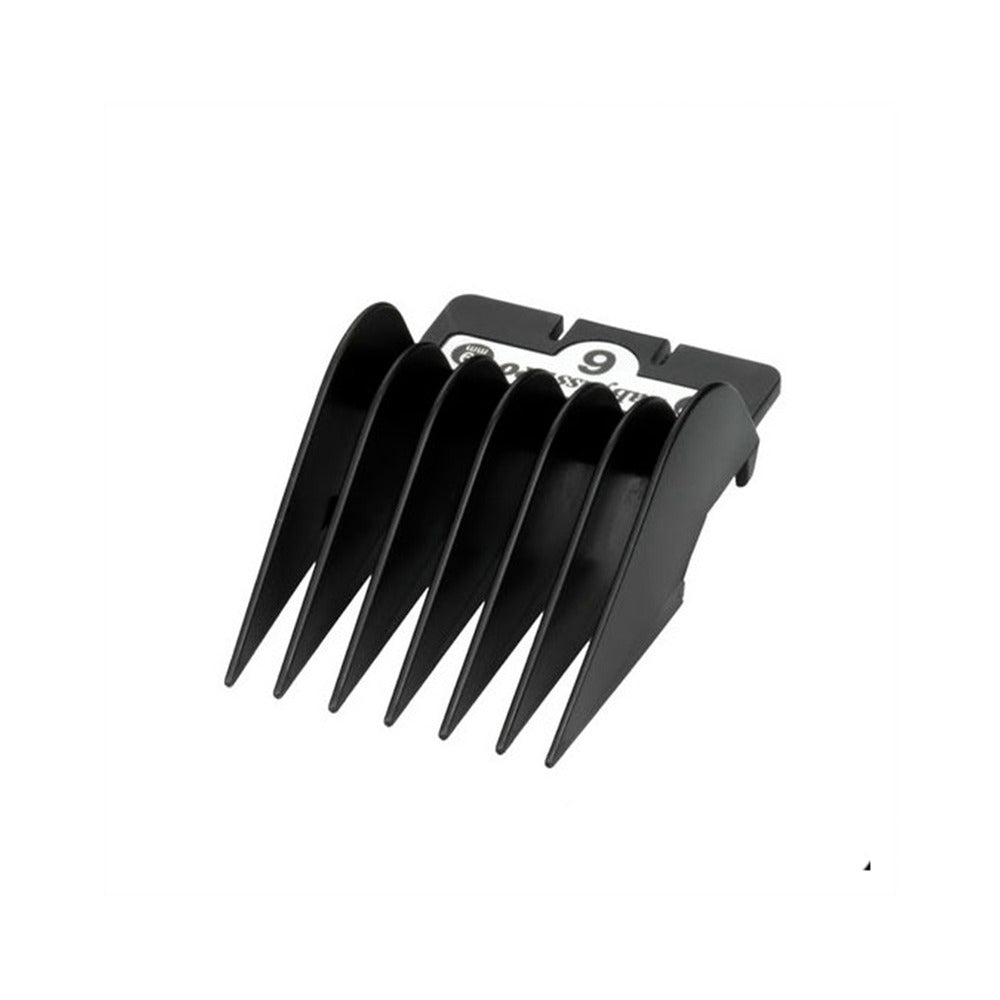 A set of black plastic clipper comb guides for a hair clipper, with sizes marked #6.