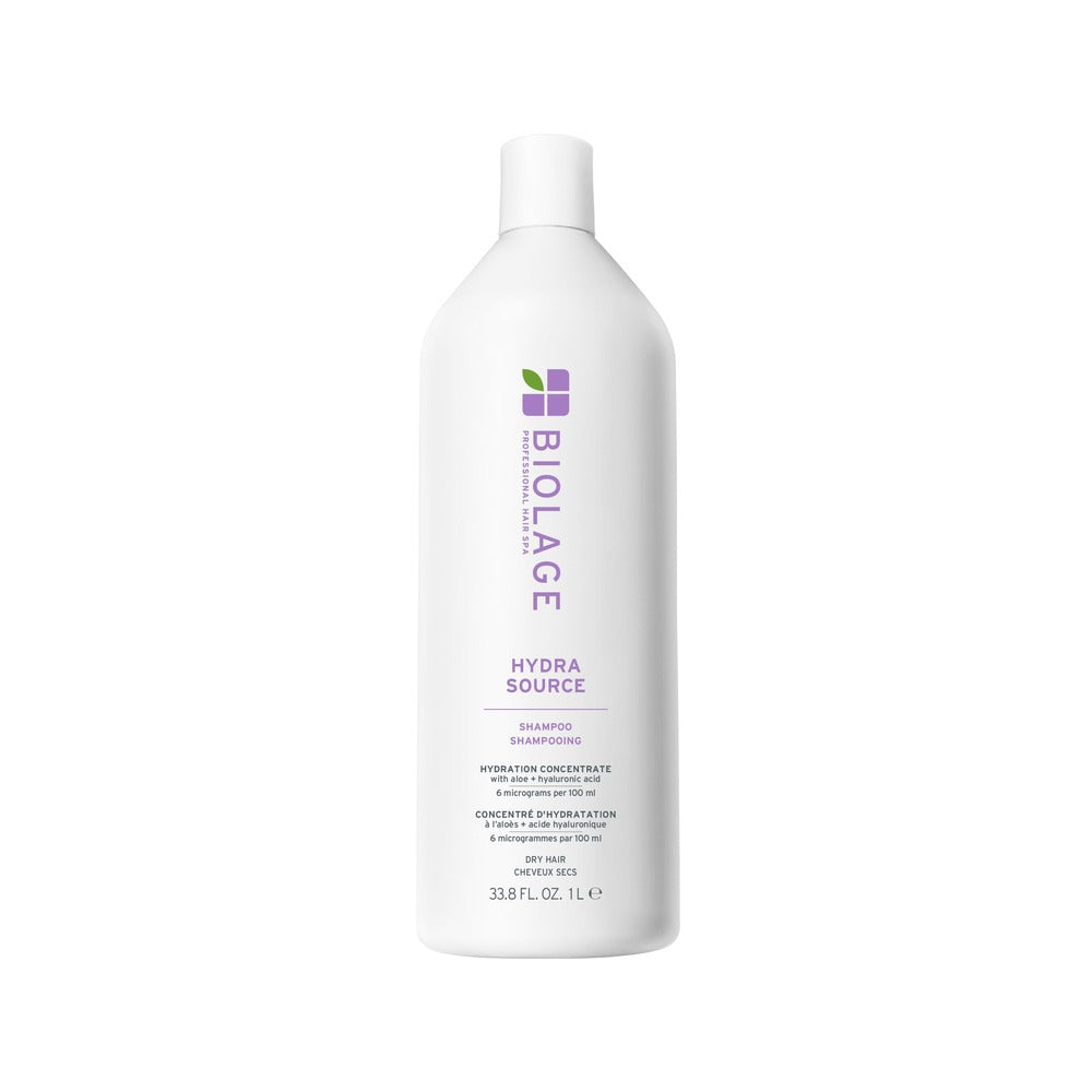 A 1000ml bottle of Biolage Hydrasource Shampoo with a white and purple label.