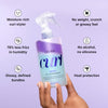 Hand holding a bottle of 'Curl Wow' hair product with features listed on a purple background