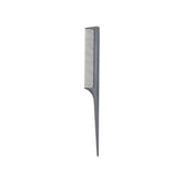 A grey carbon fiber rat tail comb centered against a solid white background.