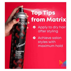 A can of Matrix Vavoom Freezing Spray Extra Hold hairspray with a black and red geometric design.