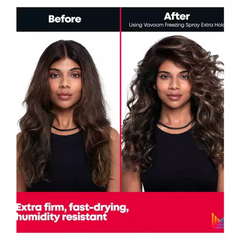Before and after comparison of a woman's long, wavy brown hair, showing the product's effect on hair hold and texture. The left side is labeled 'Before' and shows loose waves; the right side is labeled 'After' and shows more defined, voluminous curls.