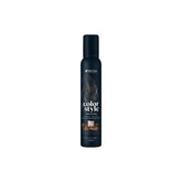 The bottle features the white Indola logo at the top, followed vertically by the product name "color style MOUSSE" written in stylized fonts. A rectangular image swatch on the front label displays a glossy texture of wavy hair, indicating the product's shade. The bottom text specifies the bottle size as 200ml.