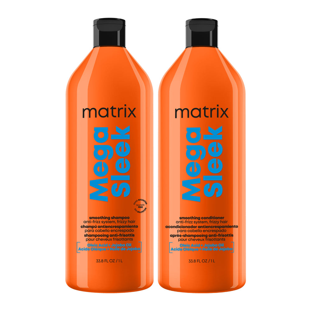 Two orange Matrix Mega Sleek hair care bottles on a white background, one smoothing shampoo and one smoothing conditioner.