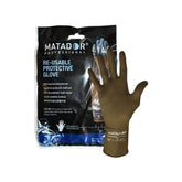 A retail package and a displayed pair of Matador Professional Re-usable Protective Gloves. The package features bold white branding on a dark background, while a single brown latex glove is shown standing upright to display its texture and fit.
