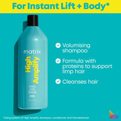 Matrix High Amplify shampoo bottle on a blue background with product features listed.