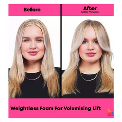 Before and after comparison of a woman's blonde hair showing volume and lift, with pink header and footer banners reading 'Before', 'After Setter Mousse', and 'Weightless Foam For Volumising Lift'.