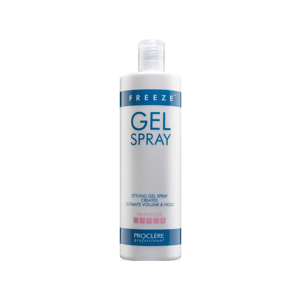 A bottle of Freeze Gel Spray by Proclere Professional, designed for hair styling.