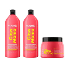 A three-piece Matrix Glow Mania hair care set featuring two tall pink shampoo bottles and one smaller matching jar, arranged side-by-side on a plain white background.