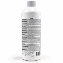 A white plastic bottle with a ribbed white cap, showing the back label with text, numbers, and a barcode on a white background.