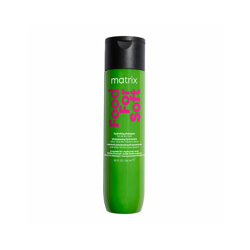 A 3000mL bottle of Matrix Food For Soft Hydrating Shampoo. The bottle is bright green with a black cap, featuring the brand name 'matrix' in white and the product name 'Food For Soft' in large pink and white lettering.