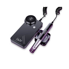 An electric nail file with a black and purple color scheme, featuring a handpiece and a control unit with a Halo logo.