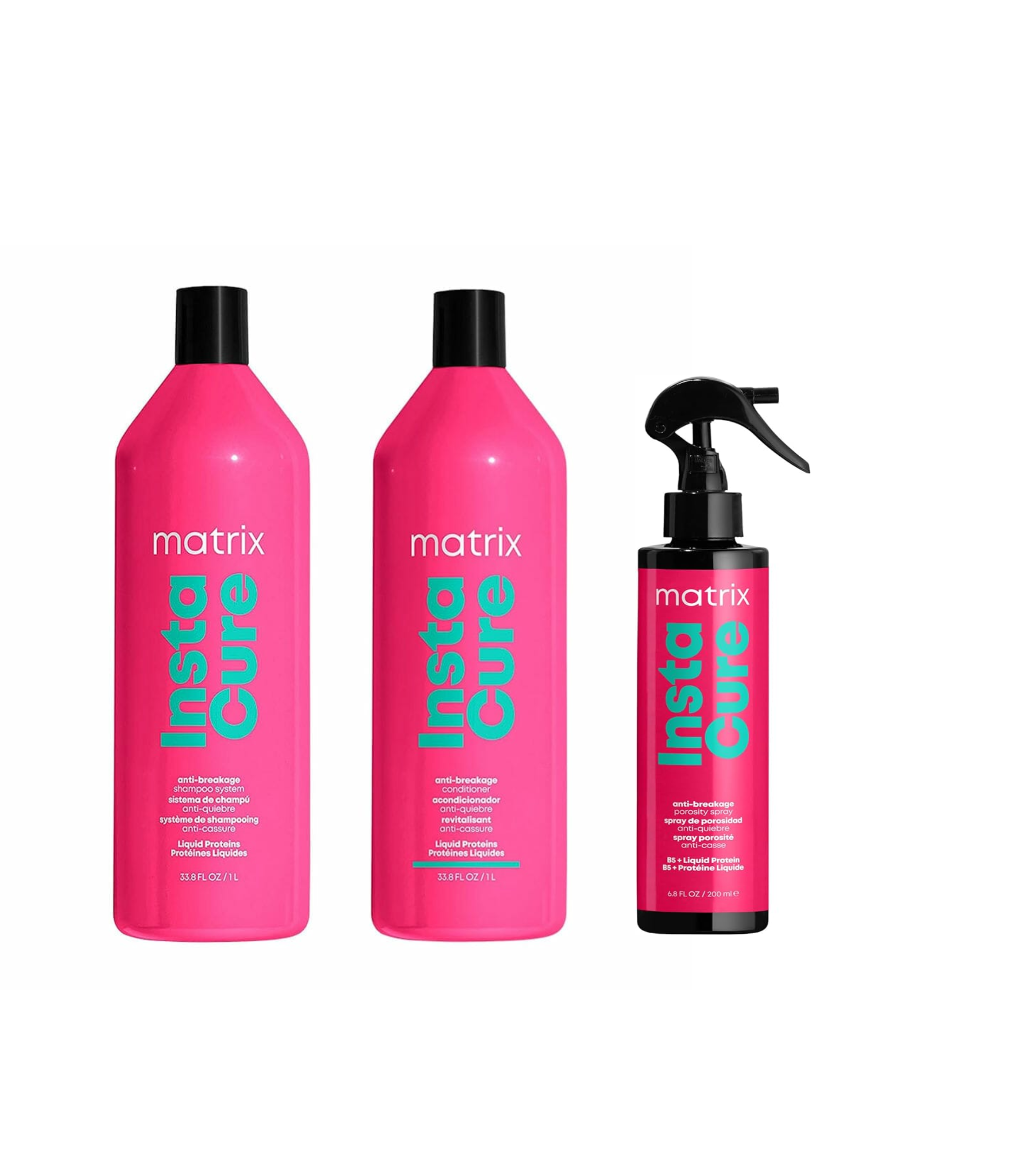 Three bottles of Matrix Total Results Instacure hair care products, including shampoo, conditioner, and spray, all in pink bottles.