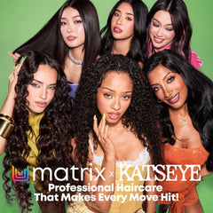 Promotional image of women with styled hair featuring Matrix x Katseye branding on a green background.