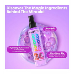 Matrix Miracle Creator hair oil bottle shown on a purple promotional graphic with text callouts about ingredients and a translucent bubble background.