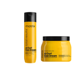A shampoo and a moisturising cream from the brand Matrix, with packaging in yellow and black colors. The shampoo is in a tube and the moisturising cream is in a jar.
