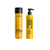 A bottle of Matrix Total Results Curl Can Dream shampoo and a bottle of Matrix A Curl Can Dream defining gel, both with yellow packaging.