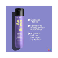 Purple Matrix So Silver shampoo bottle on a purple background with text highlighting toning and brightening benefits.