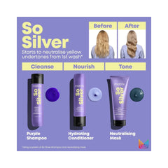 The visual outlines a three-step anti-brass routine featuring Matrix Purple Shampoo (Cleanse), Hydrating Conditioner (Nourish), and Neutralising Mask (Tone) alongside swatches of each product formula.