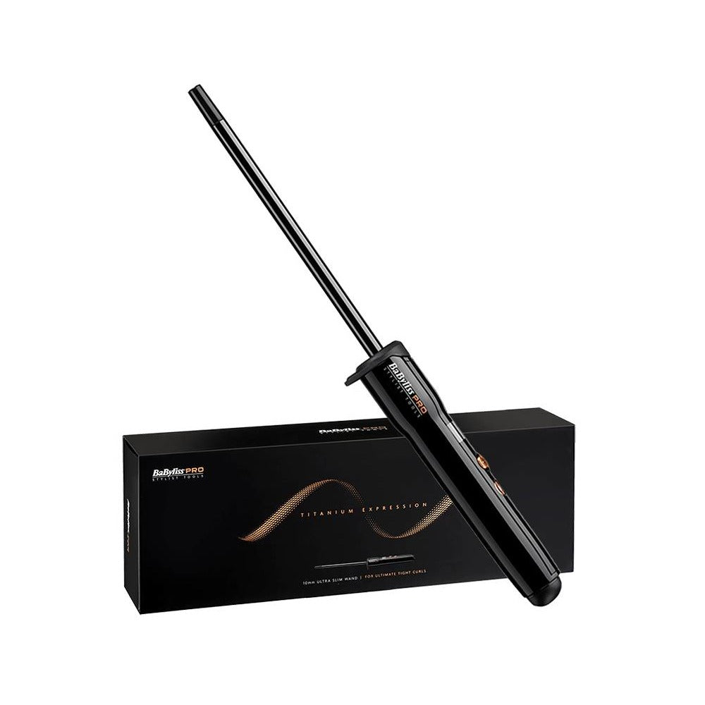BaByliss PRO Titanium Expression Ultra-Slim Wand hair curler, black color, displayed alongside its packaging.