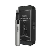 Wahl Micro Groomsman Detail Trimmer packaged in a black PU leather case with a rotary head, detail head, eyebrow guide, and AAA battery visible.