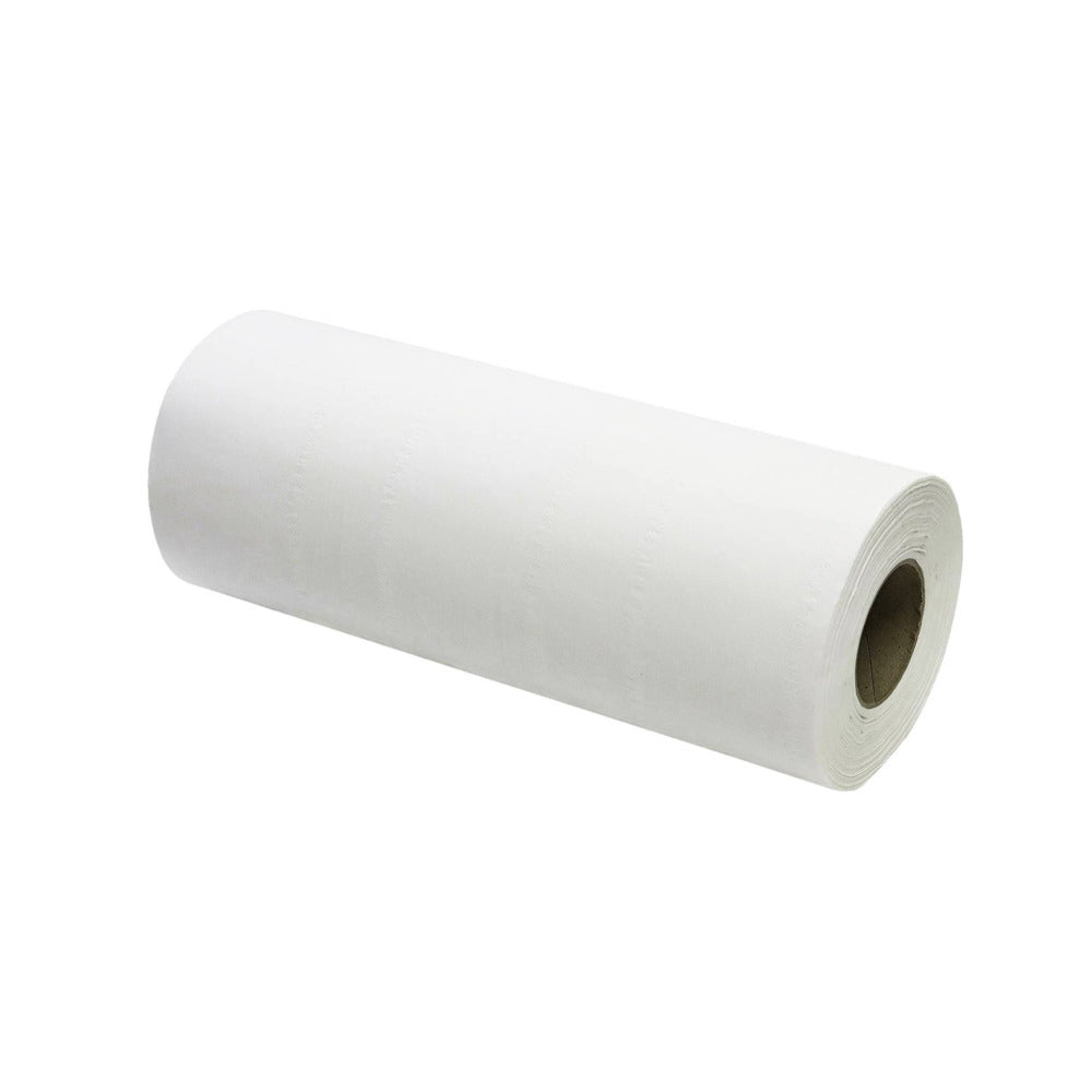 A roll of white couch or head roll paper towels with easy tear perforations, 20 inches in width.