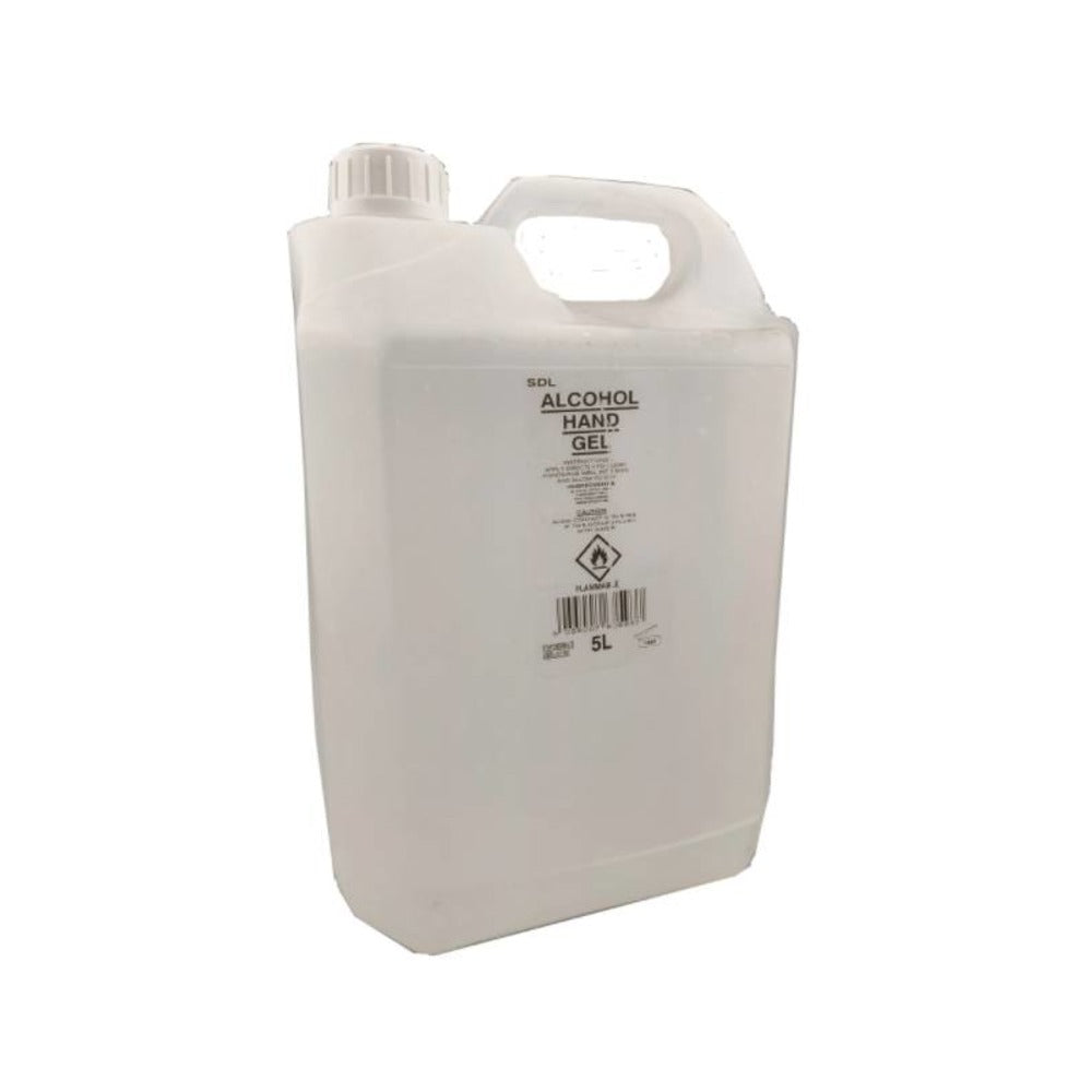 Five litter bottle of alcohol hand gel on a white background.