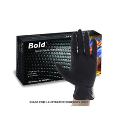A box of Aurelia Bold Nitrile Powder Free Black Gloves in small size, with a glove displayed in front of the box showing the black color and the brand name.
