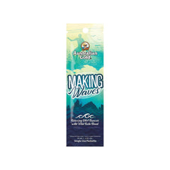 A 15ml sachet of Australian Gold Making Waves tanning lotion with a 'Coastal Coconut' fragrance, featuring a blue and white design.