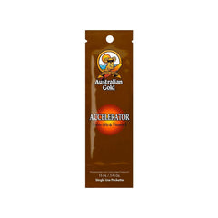 Australian Gold Accelerator sachet for tanning, with a depiction of the sun and the text '15ml Accelerator' on the front.