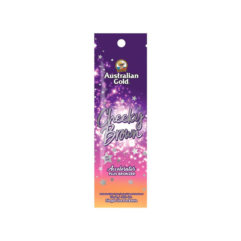 Australian Gold Cheeky Brown sachet with a purple and pink design indicating a tanning product.