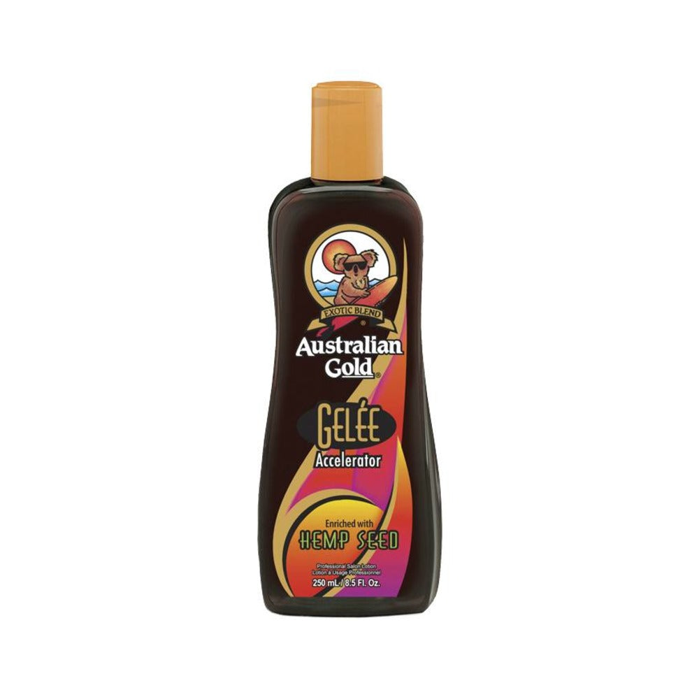 Australian Gold Gelee Accelerator Bottle for tanning, 250ml size, with label and cap visible.