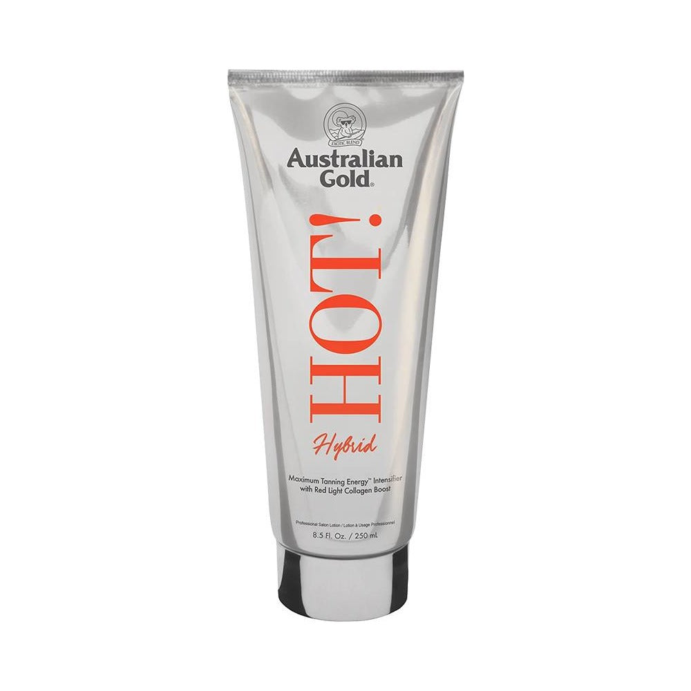 Australian Gold Hot! Hybrid tanning lotion in a white tube with orange and black text, indicating a moisturizing Aloe base and a unisex fragrance.