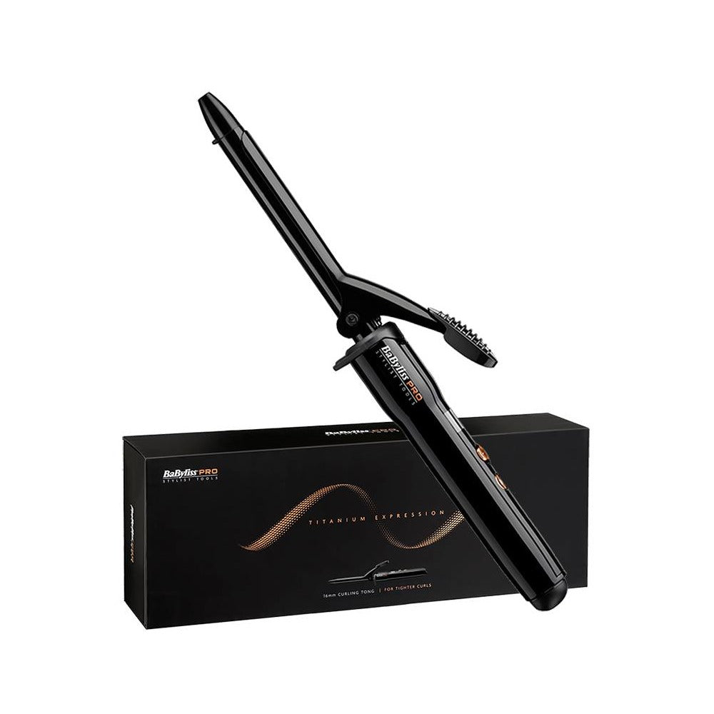 BaByliss PRO Titanium Expression Curling Tong displayed alongside its packaging box.