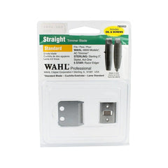 A retail-packaged Wahl Professional Straight Standard 2-hole trimmer blade set (model 1046-500) displayed inside a clear plastic blister pack with a green and white card backing. The packaging details compatibility with Wahl 8900, AC Trimmer, Sterling 5, Stylist, Act One, and 5 Star Razor Edger models, and notes that oil and screws are included.