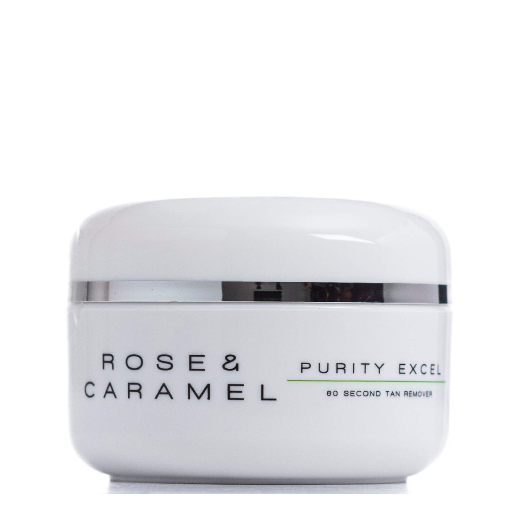 White tub branded Rose & Caramel Purity Excel Tan Remover with a white background.