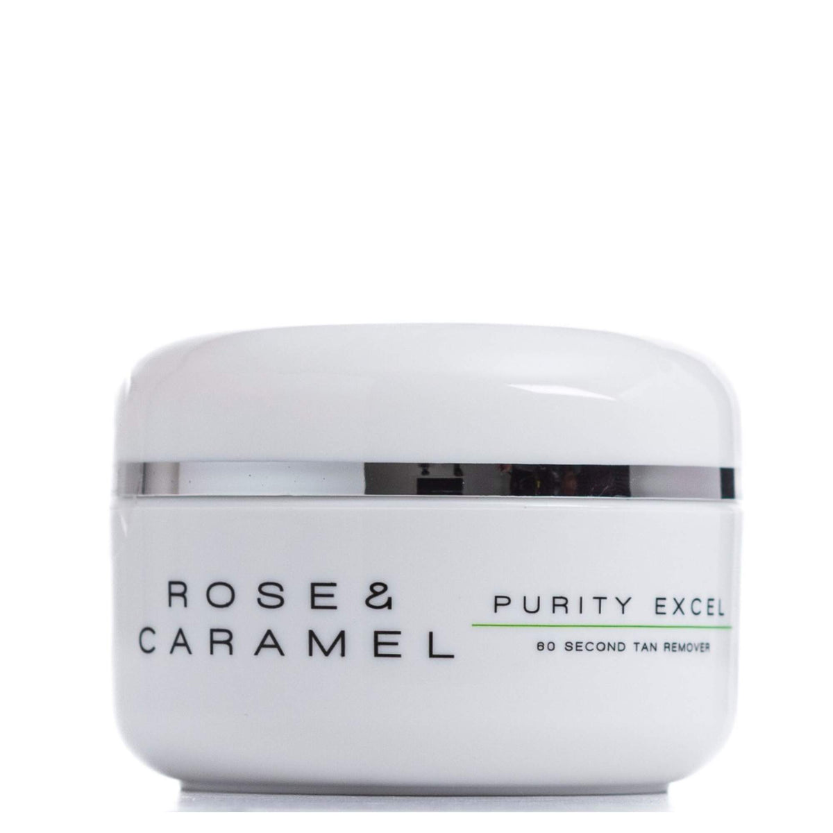 White tub branded Rose & Caramel Purity Excel Tan Remover with a white background.