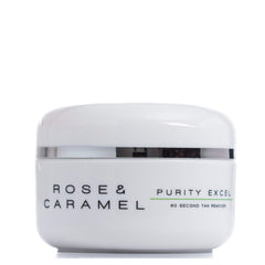 White tub branded Rose & Caramel Purity Excel Tan Remover with a white background.